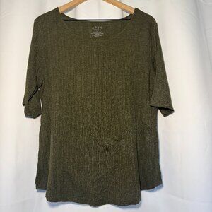 Apt. 9 Vertical Ribbed T-Shirt Top Womens L Olive Green Short Sleeve Flowy EUC